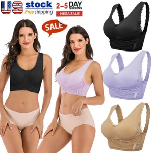 Women's Wireless Bra Plus Size Lace Front Cross Buckle Comfortable Support Bra - Picture 1 of 18