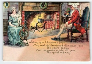 Christmas Greeting Card George Washington Man and Women Spinning Wheel Fireplace - Picture 1 of 2
