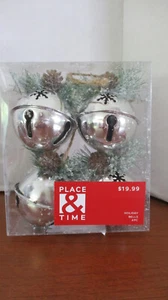 Place & Time~ Set of 4 SILVER METAL SNOWFLAKE BELLS w/ PINECONES 2" Diameter~NIB - Picture 1 of 3