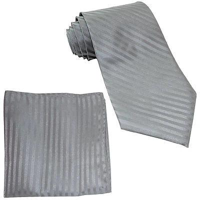 New Polyester Woven Men's Neck Tie necktie & hankie set Stripes Silver gray  Foto 1 de 3
