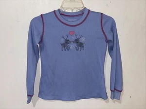 American Girl Top Girls Medium Blue Waffle Weave Reindeer Heart Winter Theme - Picture 1 of 6