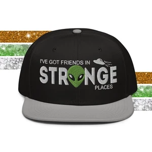 Alien UFO Flat Bill Cap Friends in Strange Places Snapback Hat for Men Women - Picture 1 of 26