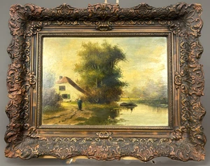Ölgemälde Antik, Landschaft mit Haus am Fluss – Signiert mit Rahmen ca. 70x55 cm - Bild 1 von 12
