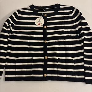 ANRABESS Women's Black White Striped Long Sleeve Button Up Sweater Size Large - Picture 1 of 8
