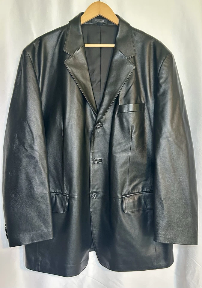 Chaqueta Blazer J. Ferrari Negra Cuero Genuino Pecho Único Talla Grande Foto 1 de 4