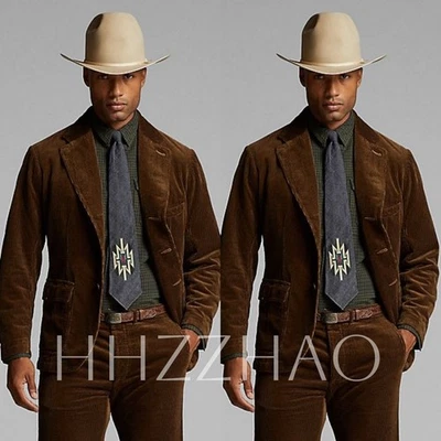 Dark Brown Vintage Suede Men's Suits Notch Lapel Wedding Groom Tuxedo Two Pieces - Image 1 of 4