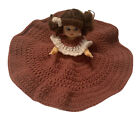Vtg Bed Pillow Sitter Doll Crocheted Mauve White Layered Dress Brown Hair