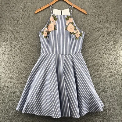 Jodi Kristopher 连衣裙女式 3 蓝色条纹迷你修身喇叭全花卉贴花 — 第 1/4 张图片