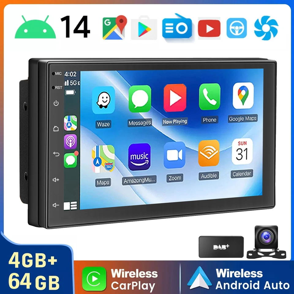 DAB+ Autoradio Android 14 Apple Carplay Doppel DIN 7" GPS NAVI WIFI 4+64G Kamera - Bild 1 von 4
