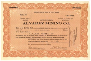Alvarez Mining Co. Certificato di magazzino. 1928 - Foto 1 di 1