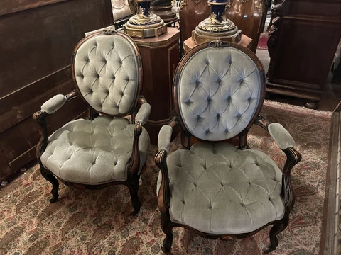 pair of French LXV style antique blue velvet bronze mounts chairs circa 1890 Cover