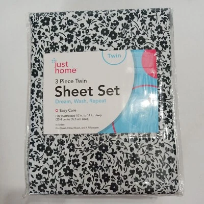 Комплект простыней Twin 1 резинке / 1 плоский / 1 наволочка белый с черный цветочный новый - Изображение 1 из 3