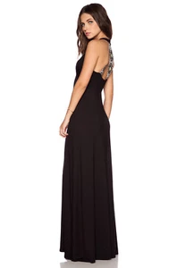 NUEVO CON ETIQUETAS $248 Pequeño Maxi Vestido ELLA MOSS Dario Negro Con Cuentas Espalda Cintura Imperio Cuello en V - Imagen 1 de 5