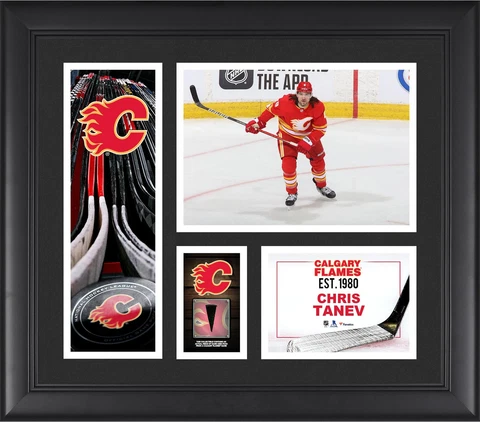 Chris Tanev Calgary Flames FRMD 15" x 17" Player Collage with a Piece of GU Puck Cover