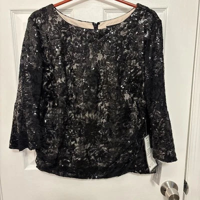 Blusa formal de fiesta Alex Evenings para mujer lentejuelas negras encaje XL vacaciones nueva con etiquetas Foto 1 de 4