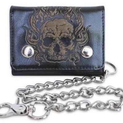SIN LÍMITES Hombre RFID Protegido, CARTERA CALAVERA con Cadena TriFold Gótico Foto 1 de 4