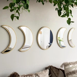 5 Piece Scandinavian Natural Decor Acrylic Wooden Moon Phase Wall Art - Bohem... - Picture 1 of 7