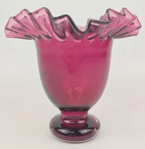 Blenko Style Amethyst Glass Crimped Ruffle Top Pedestal Vase Purple 6" Vtg - Picture 1 of 8