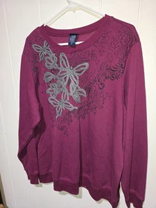 NEW Basic Editions Floral Embroidered Grannycore Crew Pullover Sweatshirt 1X - Picture 1 of 3