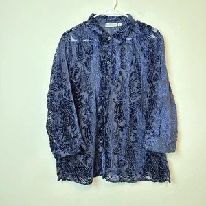 Velvet Burnout Top Women’s XL Blue Button Up Whimsigoth Fairy Sheer Romantic - Picture 1 of 12
