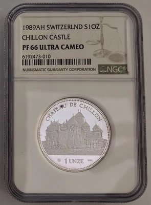 SWITZERLAND 1 UNZE Ounce 1989 Silver Piefort NGC PF66 Chillon Castle - Image 1 of 4