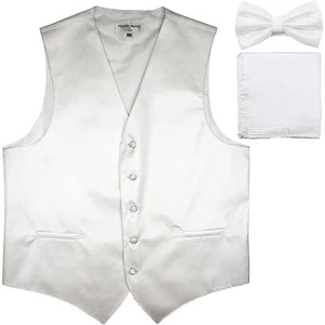 New Men's Horizontal Stripes Tuxedo Vest Waistcoat_bowtie & Hankie White formal - Picture 1 of 4