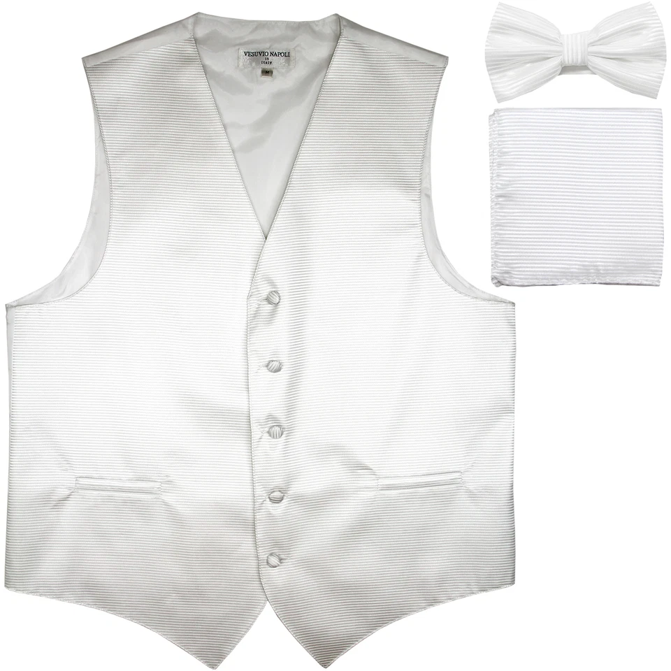 New Men's Horizontal Stripes Tuxedo Vest Waistcoat_bowtie & Hankie White formal - Image 1 of 4