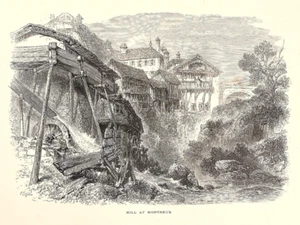 Mill at Montreux Lake Geneva Switzerland woodcut print Picturesque Europe 1875 - Picture 1 of 3