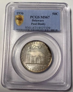 1936 Delaware Commemorative Half Dollar PCGS MS67 Light Toning Ex Paul Denby - Picture 1 of 4
