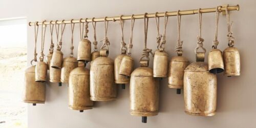 Set of 15 Handmade Rustic Vintage Lucky Cow Bells On Rope Wall Hanging