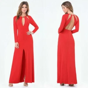 BEBE RED NECK TRIM BUCKLE OPEN BACK DRESS GOWN NWT NEW LARGE L - Picture 1 of 5