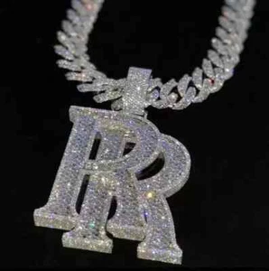3.00 Ct Real Moissanite Men's Double "R" Pendant 14K White Gold Plated Silver - Picture 1 of 3