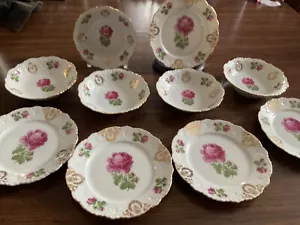 10 Vtg Roslau Fruit Berry 5” Bowls & 5 6” Plates Bavaria pink roses gold trim - Picture 1 of 4