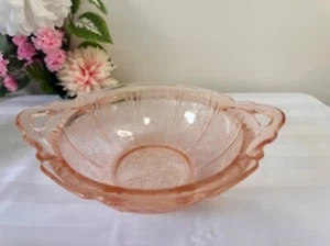 Jeanette Glass Cherry Blossom Pink Depression Bowl Two-Handled Floral Dish - Picture 1 of 5