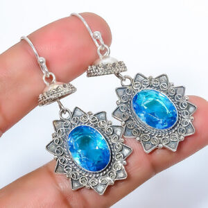 Blue Topaz (Lab-Created) Gemstone 925 Sterling Silver Bali Earring 1.76" A322