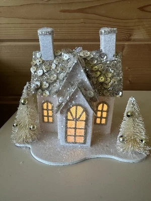 Raz Imports 4" Lighted White Sequin Gold Putz House Ornament Bottlebrush Tree #1