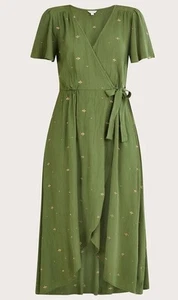 Nuevo Vestido Midi Monzón Imitación Envolvente Verde Grande Bordado Ditsy Fiesta Jardín Té - Imagen 1 de 13