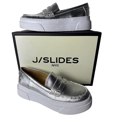 J/Slides Ava Platform Loafer Sneakers Slip On Womens 8M Metallic Silver Leather  - Image 1 of 4