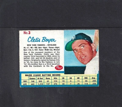 1962 Post #3 Clete Boyer-2--Yankees--sin pliegues--ex Foto 1 de 2