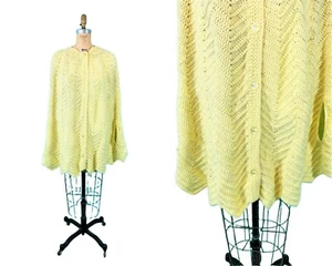 Vintage 1960s Crochet Cape Yellow Chevron Knit Button Down Sweater Cape - Picture 1 of 10