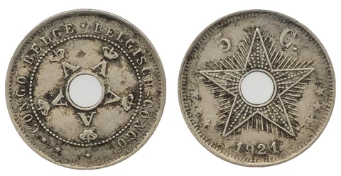 1921 Belgian Congo 5 Centimes Coin, King Albert I Monograms, Shining Star Cover