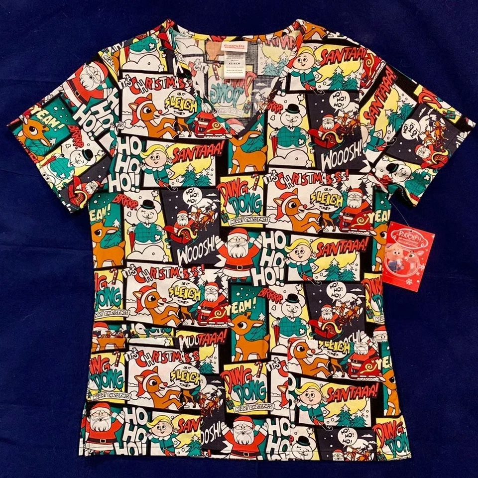 RUDOLPH THE RED NOSE REINDEER 2 POCKET CHRISTMAS SCRUB TOP SZ S