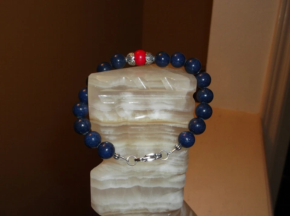 PULSERA HOMBRE/MUJER HECHA A MANO 8 1/2" 10 MM AZUL LAPISLÁZULI Y NARANJA CORAL CUENTAS  Foto 1 de 1