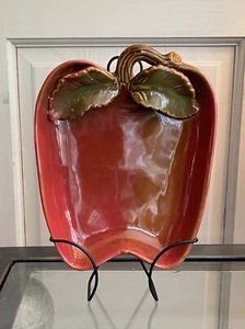 Ceramic Red Green Apple Shaped Trinket Dish Plate w/ Raised Leaves 7.5” - Picture 1 of 3