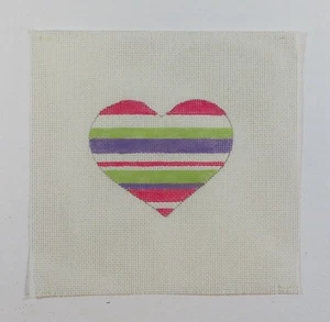 HANDPAINTED NEEDLEPOINT- Unbranded Pink, Green and Purple Striped Heart (48) - Picture 1 of 1