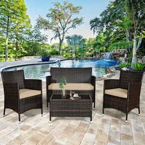 4PCS Patio Rattan Conversation Furniture Set Outdoor w/ Brown & Grey Cushion - Picture 1 of 10