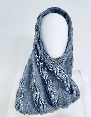 Donna Karan 100% Cashmere Snood Scarf Shawl Shrug Gray Knit, Sequined 18” x 36” - Image 1 of 4