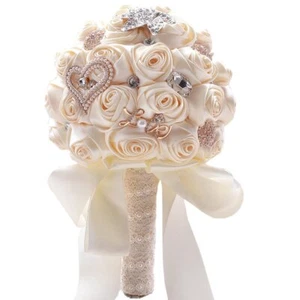 WEDDING BOUQUET Bride Holding Roses with Diamond Pearl Ribbon Satin JACKCSALE - Picture 1 of 6