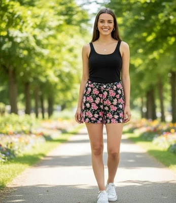 Pantalones Cortos Divididos H&M Floral Rosa Cintura Alta Talla 6 Foto 1 de 4