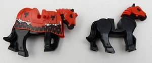 HARD TO FIND SET OF 2 BLACK LEGO MINIFIGURE HORSES - 1 WITH RED BLANKET - Picture 1 of 14
